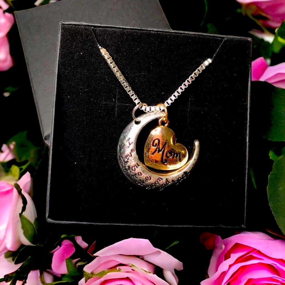 Silver Mom Two Tone Crescent Moon w/ Heart Necklace Gift For Mom